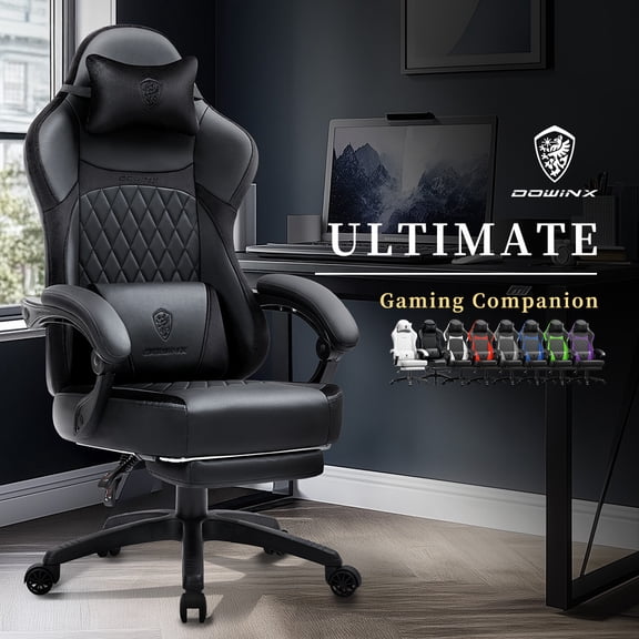 Dowinx Gaming Chair with Pocket Spring Cushion, Ergonomic Computer Chair with Footrest and Lumbar Support for Office or Gaming, Black