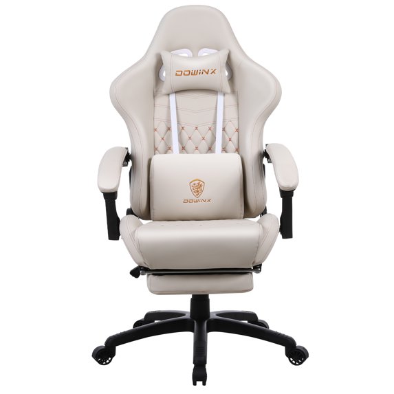 Dowinx PU Leather Gaming Chair with Massage Lumbar Support High Back Adjustable Office PC Chair Swivel Task Computer Chair with Footrest, White