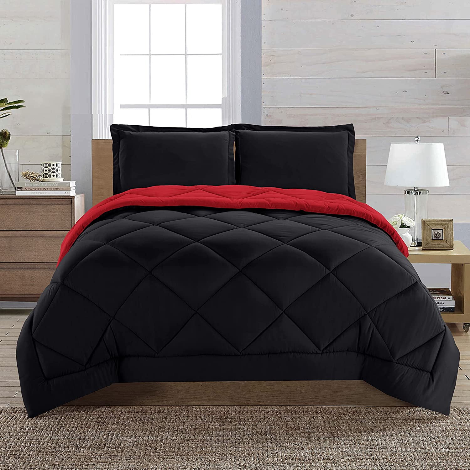 Down Alternative 2pc Comforter Set-Twin, Black/Burgundy