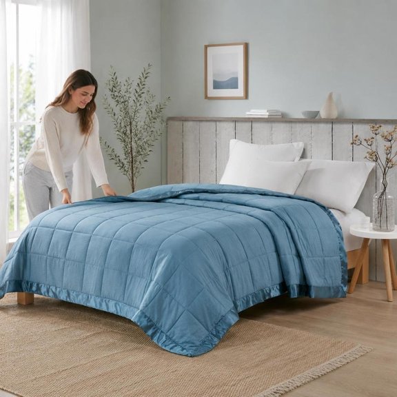 Down Alternative Blanket, Oversized, 3 Inch Satin Trim, Embossed Box Quilted, Slate Blue, Full Queen 90X96