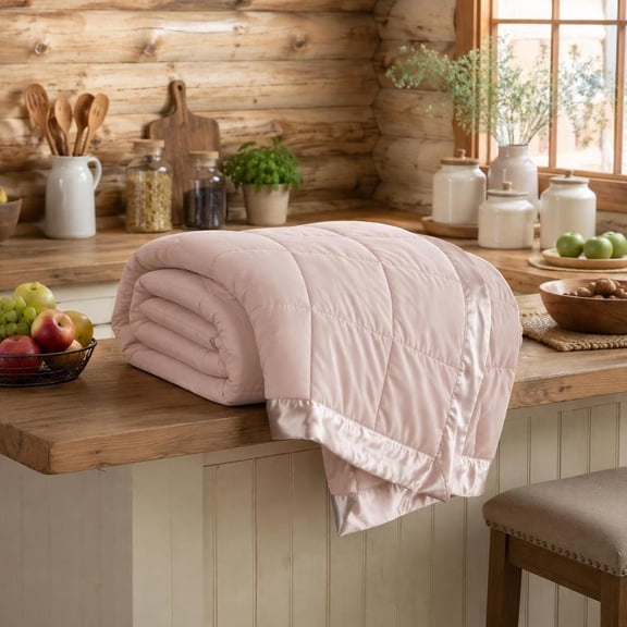 Down Alternative Blanket with Satin Trim, Full/Queen, Blush, Lightweight Polyester, Machine Washable