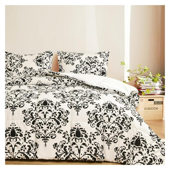 Down Alternative Comforter Set, Ultra Soft Microfiber, 2 Pieces Bedding Set with 1 Comforter and 1 Pillow Sham (Twin/Twin XL, Black & White Damask)