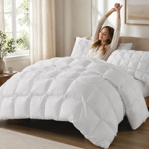 Down Alternative Comforter, White, Full/Queen Size, 100% Polyester Microfiber Shell, 3D Puff Stitching, Overfilled