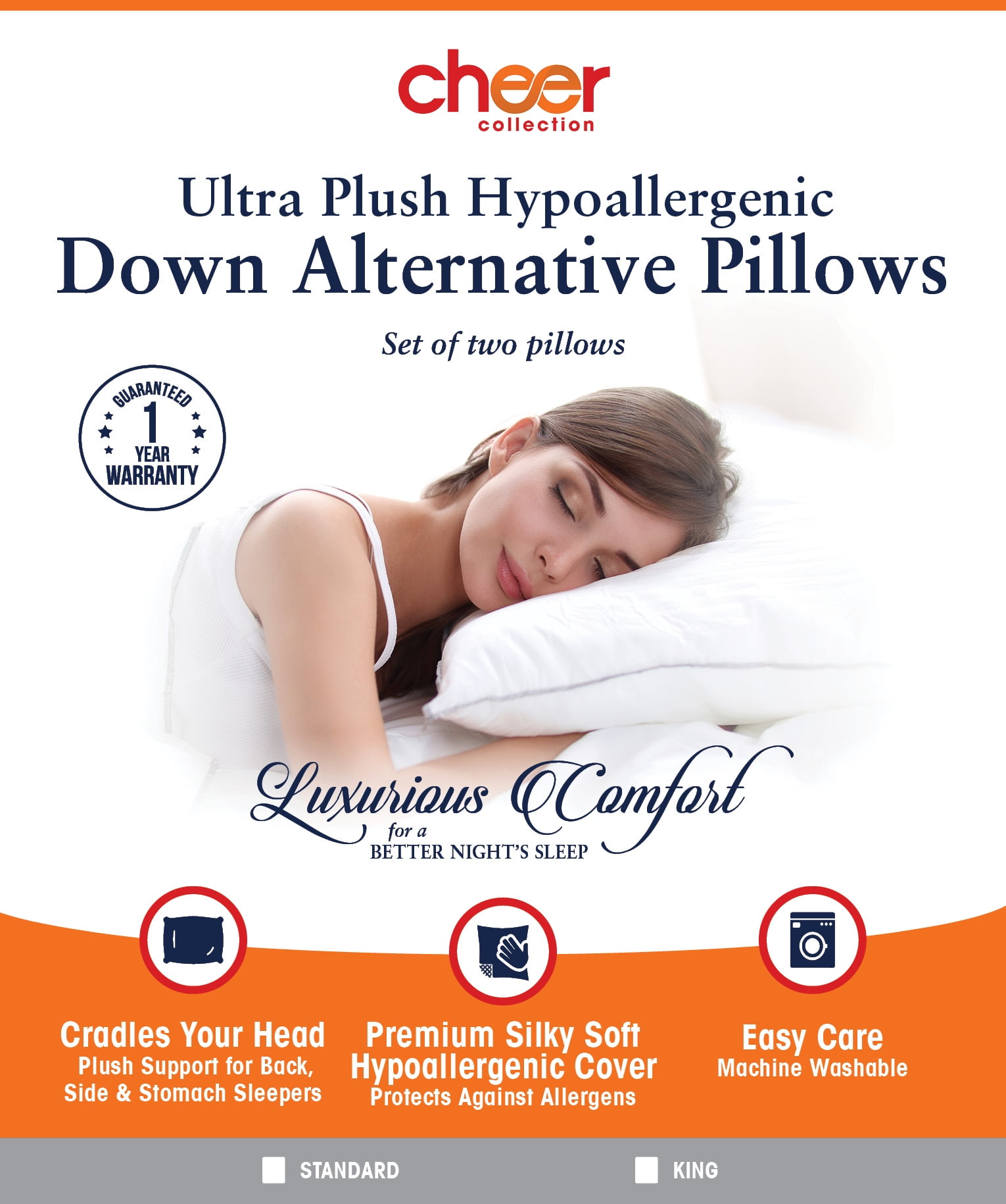 Set of 4 White Hypoallergenic Polyester Standard Pillows