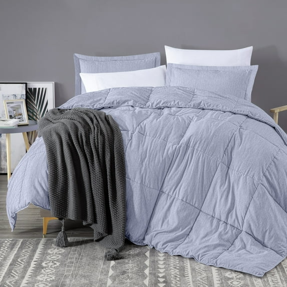 Down Alternative Twin Size Comforter Set, 3-Pc Box Stitched Blue Twin Bedding Set, Cationic Dyeing, Jacquard Line, All Season, Machine Washable, Duvet Insert w/ 2 Envelope Pillow Shams, Twin 66x90