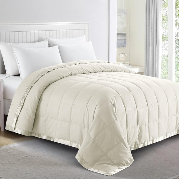 Down Blanket Queen Size Soft Lightweight Cozy Warm Bed Blanket with Satin Trim Ivory 90"X90"