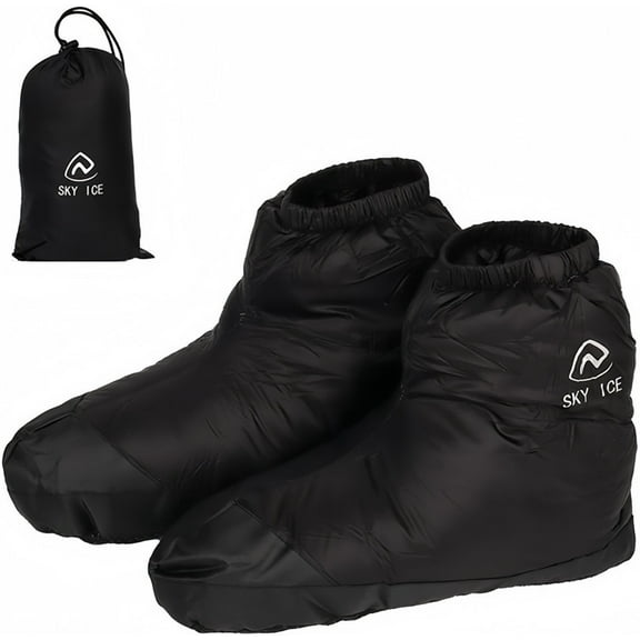 Down Booties Warm Socks Waterproof Down Slipper Boots Lightweight Down Socks Stuffed Booties Down Feet Covers for Men Women(Black,L)