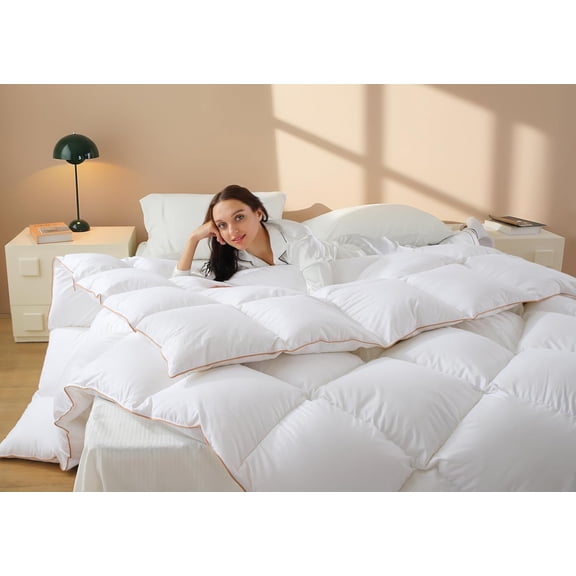 Down Comforter Oversized King Size – All Season Fluffy White Duvet Insert, Lightweight Warm Feather Bedding, Soft 100% Cotton Cover, 116 x 98 Inch