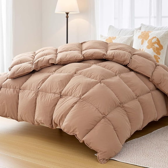 Down Comforter Queen Size – All Season Medium Weight Fluffy Khaki Duvet Insert, Warm Feather Bedding, Soft 100% Cotton Cover, 90x90 Inch