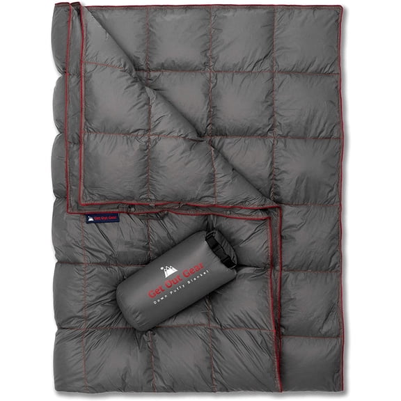 Down Puffy Blanket - 1-Person Gray/Burgundy, 650 Fill Power Water-Resistant