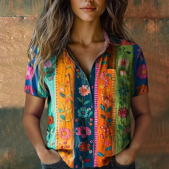 Down Shirts Cotton Printed Fashion Casual Tops Short Sleeve Blouse, Orange 5XL, Size S-XXXXXL