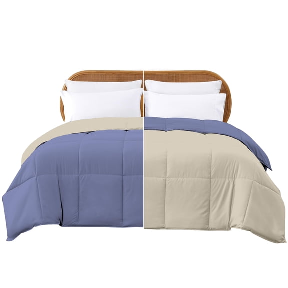 Down alternative comforter twin reversible, all season bedding with even fill distribution, easy care machine washable, blue cream