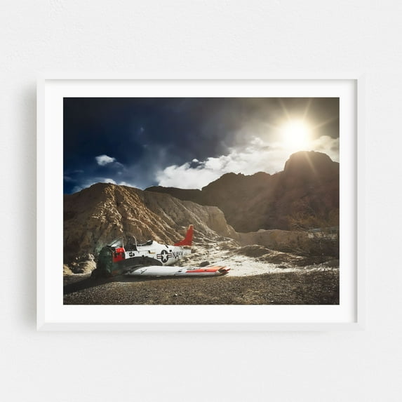 Downed Navy Plane at Techatticup Mine - Nelson Nevada Photography Airplane Desert Navy Scenic Wilderness Military Vintage White Framed Wall Art Print 12 x 16 inches