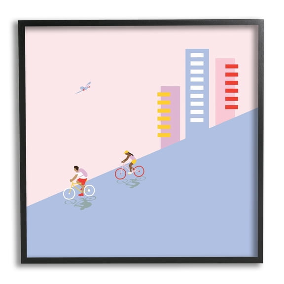 Downhill Bike Ride Tropical Bird Modern Cityscape Town & City Framed Art Print Wall Art, 17x17