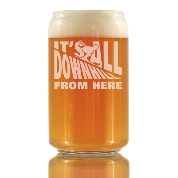 Bevvee Beer Can Pint Glass 16 oz Downhill From Here Ski Enthusiast Gifts Beer Glasses