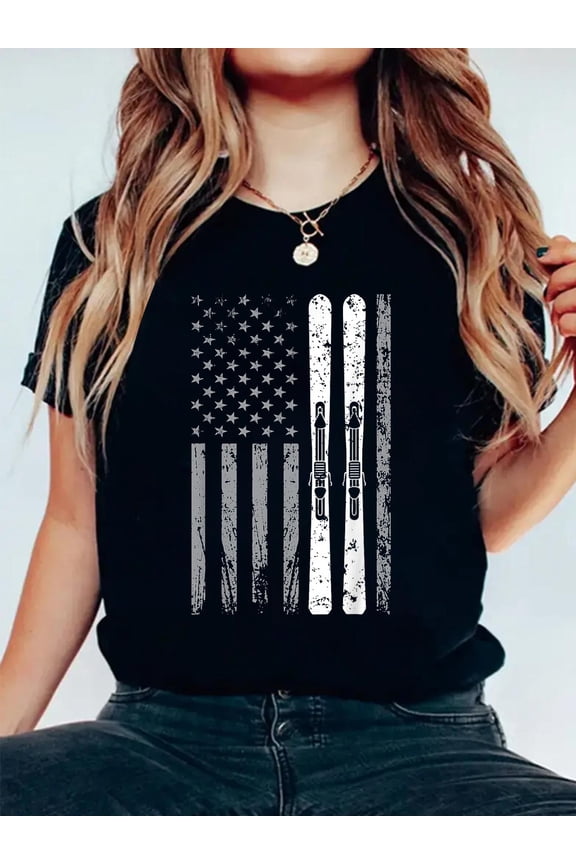 Downhill Ski Team 4th of July USA American Flag Skiing Skier Relaxed Fit Classic Comfort Cotton T-Shirt Women's Men's Graphic Tee Crew Neck summer vacation Tops