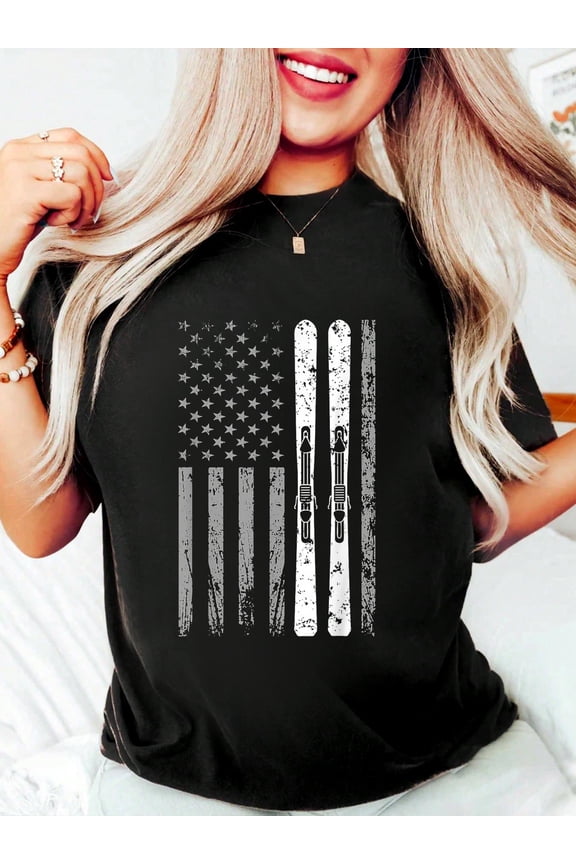 Downhill Ski Team 4th of July USA American Flag Skiing Skier T-Shirt