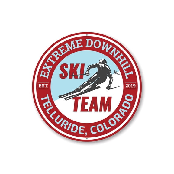 Downhill Ski Team Sign, Ski Team Established Year Skier Novelty Sign, Ski Lodge Decorative Aluminum Metal Decor Sign - 12" Round