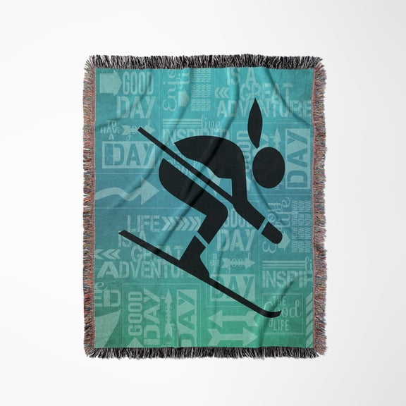 Downhill Skier Silhouette In Blue Hues With Adventure Word Art, Woven Blanket