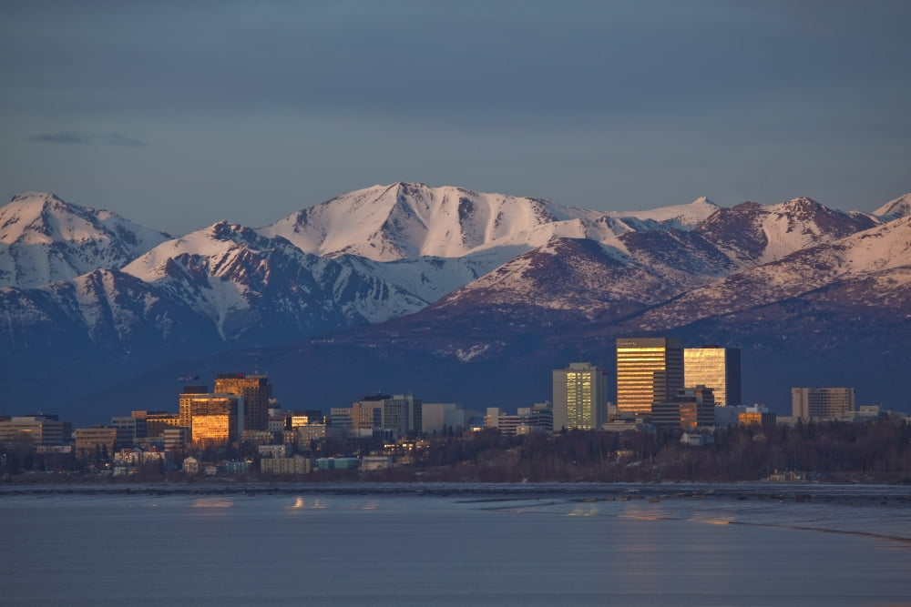 Downtown Anchorage Skyline Spring Southcentral Alaska Canvas Art - John Delapp Design Pics (34 x 22)