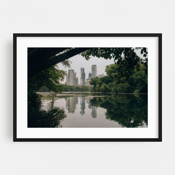 Downtown Austin, reflected. - Austin Texas Photography Cityscape Skyline Architecture Nature Scenic Landscape Black Framed Wall Art Print 20 x 30 inches