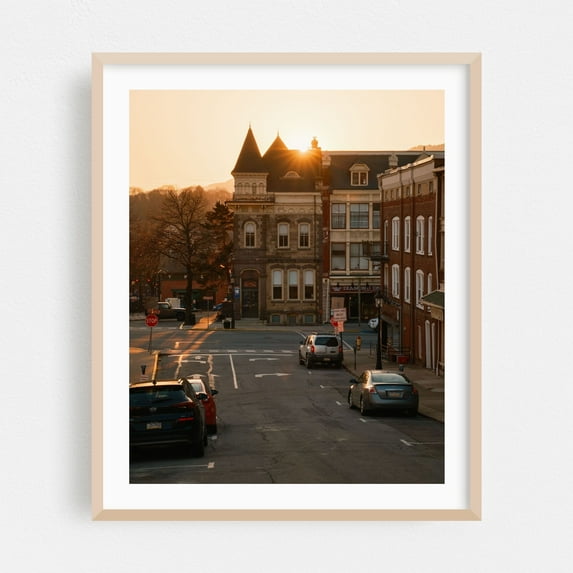 Downtown Bellefonte at Sunset 02 - Bellefonte Pennsylvania Photography Sunset Cityscape Architecture Street Photography Victorian Vintage Oak Framed Wall Art Print 6 x 8 inches