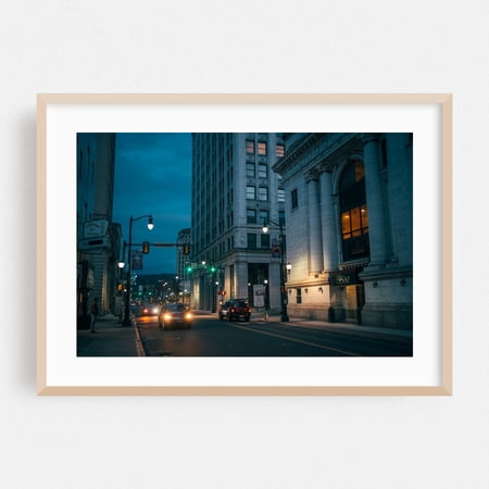 Downtown Blues, Wilkes-Barre 01 - Wilkes-Barre Pennsylvania Photography City Nightlife Street Photography Architecture Night Sky Oak Framed Wall Art Print 5 x 7 inches