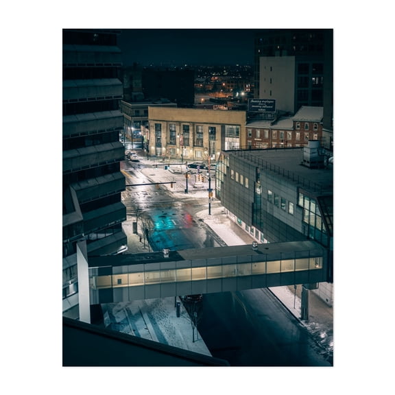 Downtown Buffalo - Buffalo New York Photography Cityscape Nightlife Architecture Winter Street Photography Snow Bridge Unframed Wall Art Print 36 x 48 inches
