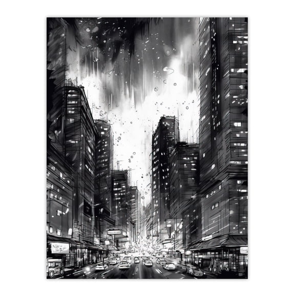 Downtown Chicago Ink Sketch Cityscape Pen And Ink Charcoal Dark Moody Unframed Wall Art Print Poster Home Decor Premium