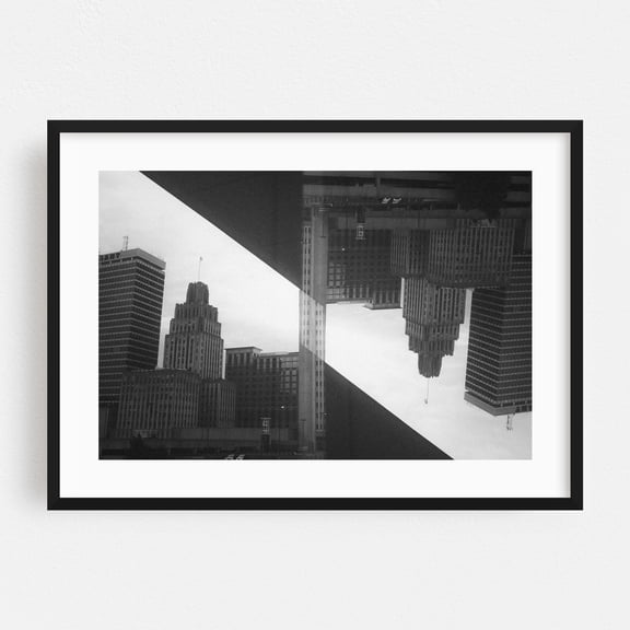 Downtown Inception - Winston-Salem North Carolina Photography Black and White Cityscape Architecture Art Deco Abstract Vintage Surrealism Black Framed Wall Art Print 9 x 12 inches