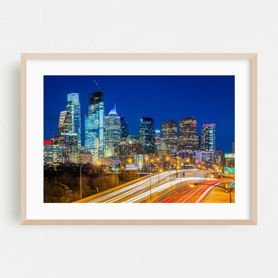 Downtown Philly - Philadelphia Pennsylvania Photography Cityscape Skyline Nightlife Architecture City Night Sky Modern Art Oak Framed Wall Art Print 6 x 8 inches