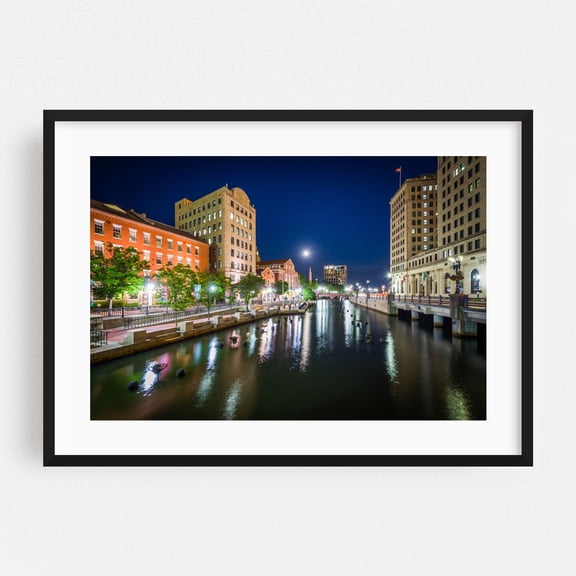 Downtown & The Providence River - Providence Rhode Island Photography Nightlife City Architecture Bridge Skyline Scenic Black Framed Wall Art Print 5 x 7 inches