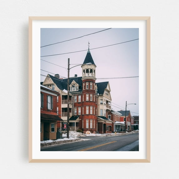 Downtown Spring Grove 02 - Spring Grove Pennsylvania Photography Architecture Winter Street Photography Vintage Cityscape Snow Rural Oak Framed Wall Art Print 18 x 24 inches