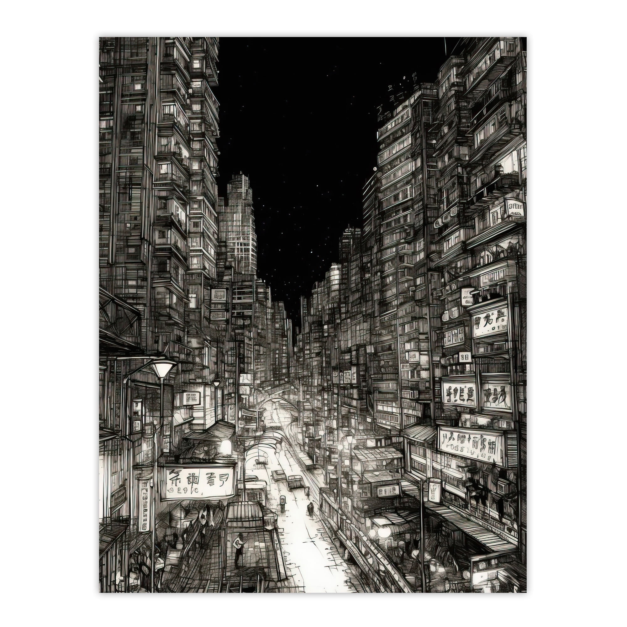 Downtown Tokyo Sketch Cityscape Pen & Ink Drawing Japan Black