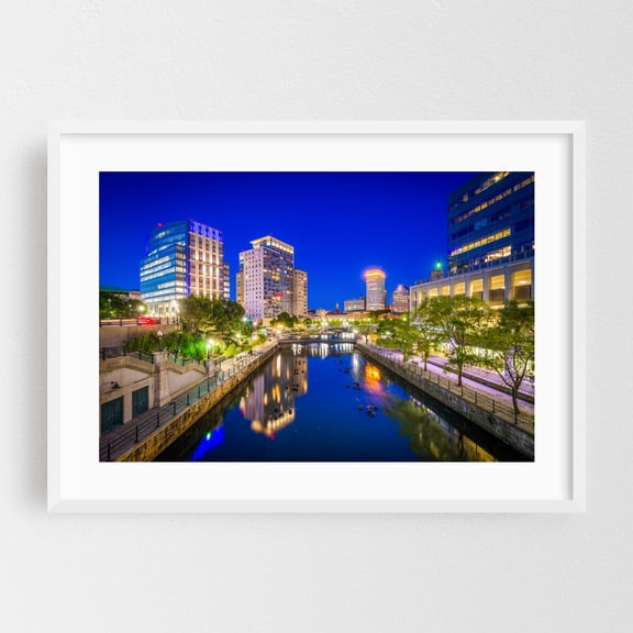 Downtown Waterfront - Providence Rhode Island Photography City Skyline Nightlife Bridge Architecture Travel Poster White Framed Wall Art Print 5 x 7 inches