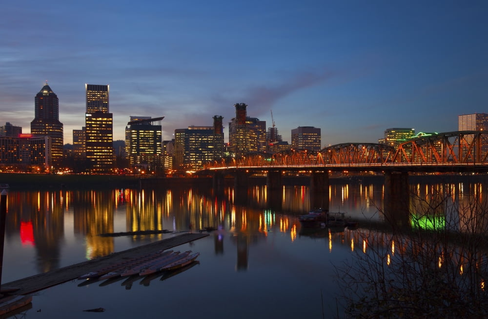 Downtown buildings lit up at waterfront Portland Oregon USA Canvas Art - Panoramic Images (36 x 24)