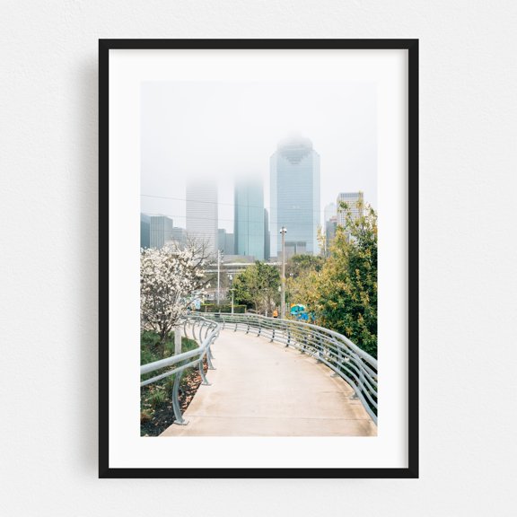 Downtown in Fog 01 - Houston Texas Photography City Skyline Architecture Bridge Scenic Flowers Black Framed Wall Art Print 5 x 7 inches