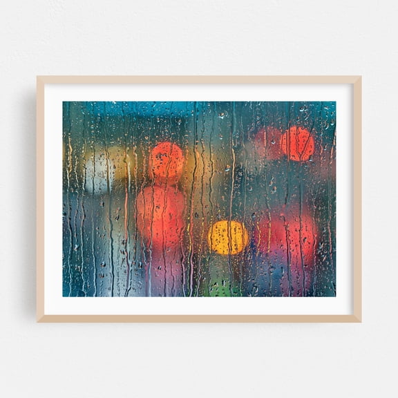 Downtown in the Rain 3 - Photography Abstract Moody Modern Art Nightlife Oak Framed Wall Art Print 16 x 24 inches