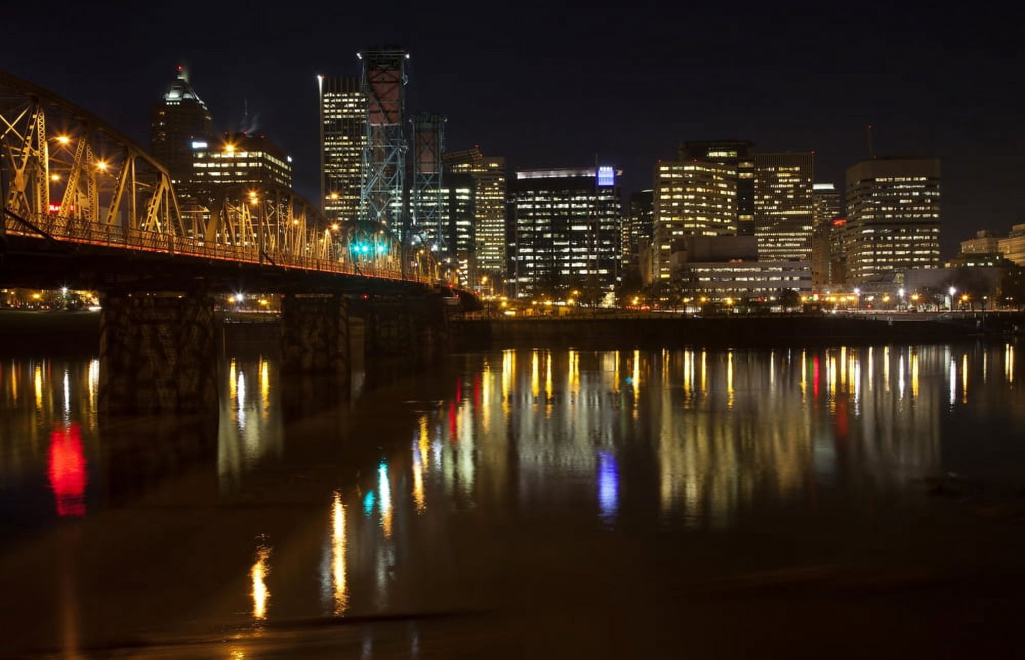 Downtown skyline and bridge at night Portland Oregon USA Canvas Art - Panoramic Images (36 x 24)