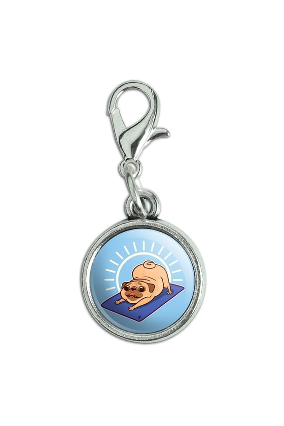 Downward Facing Dog Pug Doing Yoga Antiqued Bracelet Pendant Zipper Pull Charm with Lobster Clasp