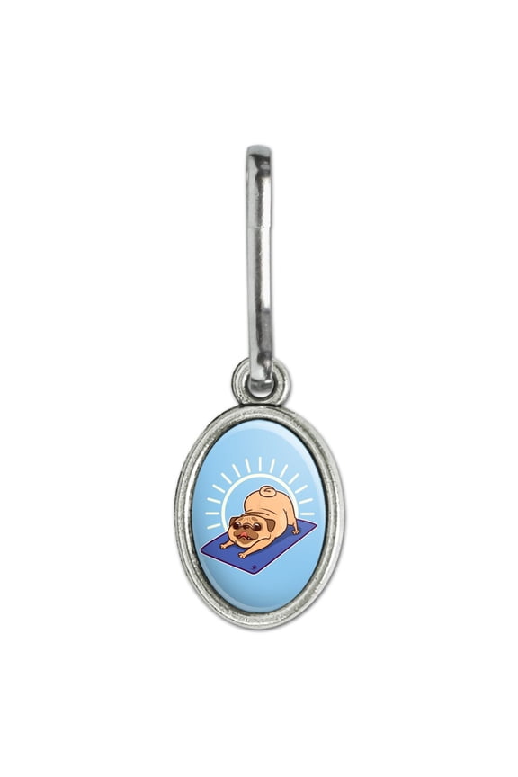 Downward Facing Dog Pug Doing Yoga Antiqued Oval Charm Clothes Purse Suitcase Backpack Zipper Pull Aid