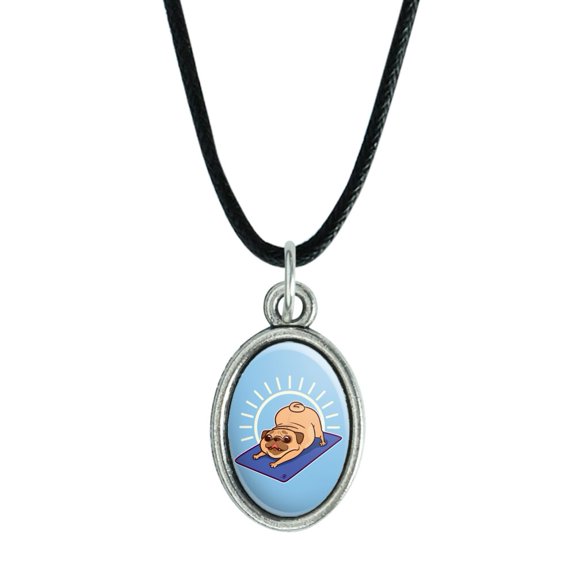 Downward Facing Dog Pug Doing Yoga Antiqued Oval Charm Pendant with Black Satin Cord