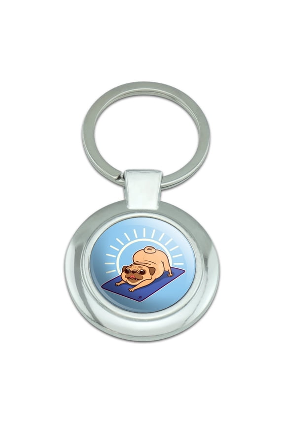 Downward Facing Dog Pug Doing Yoga Keychain Classy Round Chrome Plated Metal