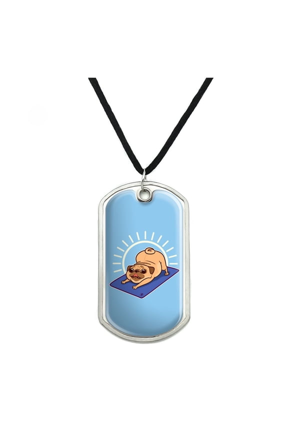 Downward Facing Dog Pug Doing Yoga Military Dog Tag Pendant Necklace with Cord