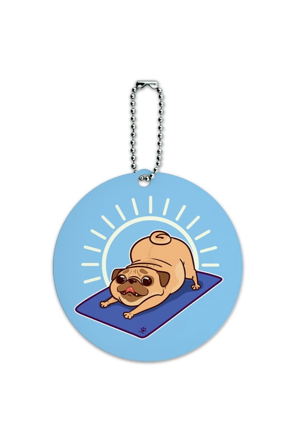 Downward Facing Dog Pug Doing Yoga Round Luggage ID Tag Card Suitcase Carry-On