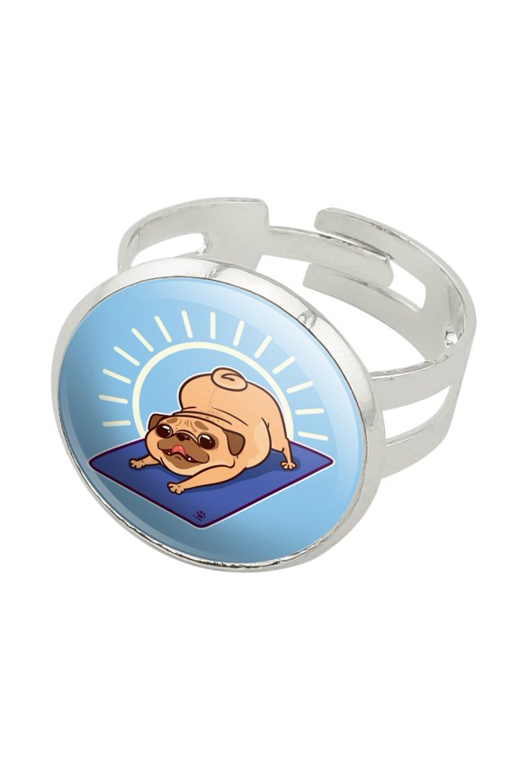 Downward Facing Dog Pug Doing Yoga Silver Plated Adjustable Novelty Ring