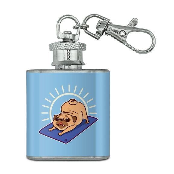 Downward Facing Dog Pug Doing Yoga Stainless Steel 1oz Mini Flask Key Chain