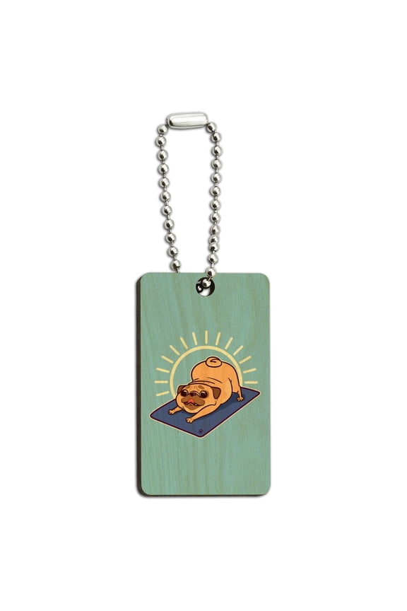 Downward Facing Dog Pug Doing Yoga Wood Wooden Rectangle Keychain Key Ring