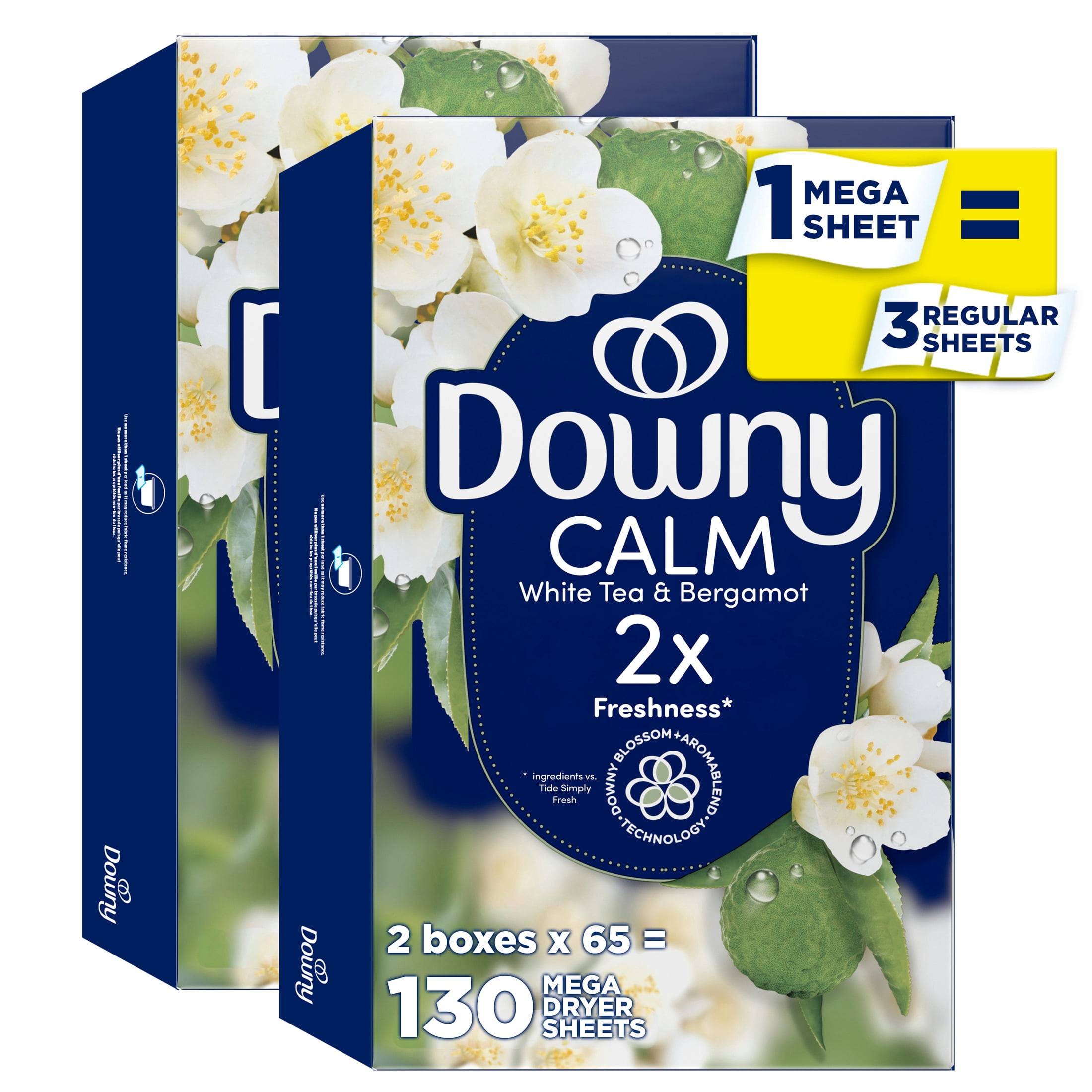 Downy CALM, Mega Dryer Sheets, White Tea & Bergamot, 130 Count