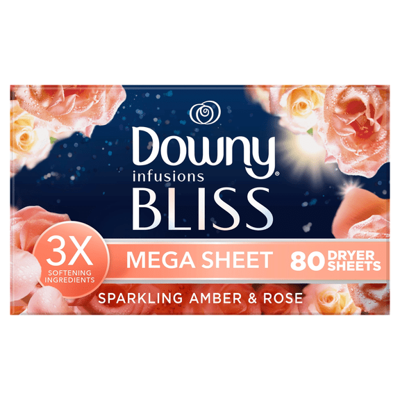 Downy Fabric Softener Dryer Sheets, Infusions Bliss Amber and Rose Scent, 80 Mega Dryer Sheet